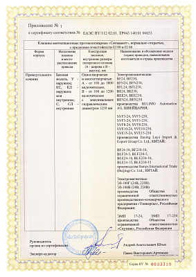 Сертификат ТР ЕАЭС 043/2017 (приложение №1) Клапаны Сигмавент ЕI 90; ЕI 60 – НО прямоугольного сечения